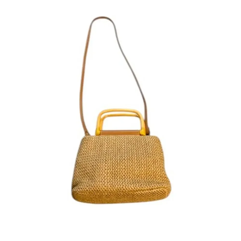 Vintage Fossil Woven Straw Bamboo Handle Top Handle Crossbody Bag